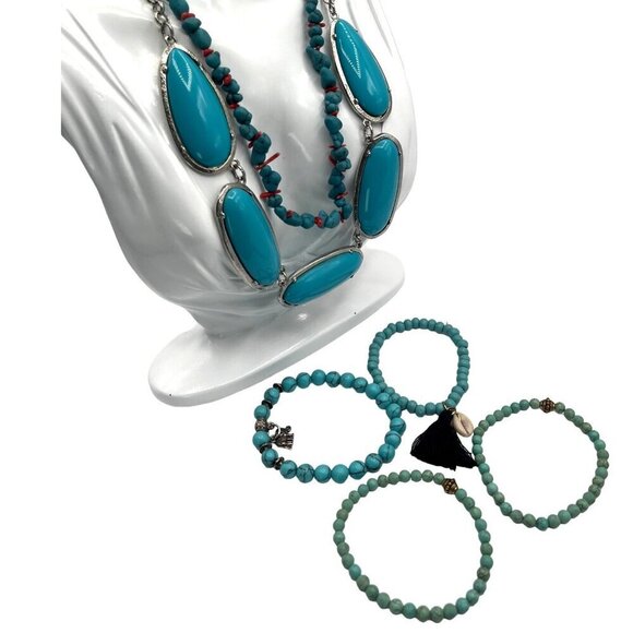 Vintage Turquoise & Silver Statement Necklace Bracelet Set Southwest Boho Coral - Picture 4 of 7